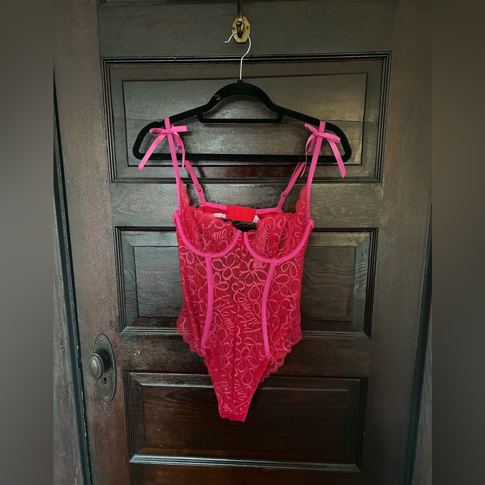 Savage X fenty red and pink lace bodysuit